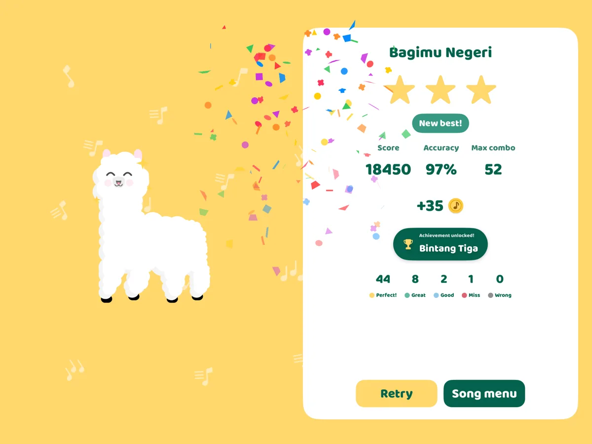 Results screen: three stars, 97% accuracy and a new best